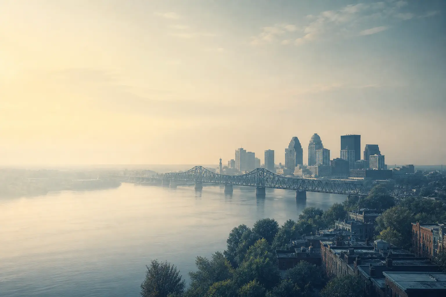A steel truss bridge crossing the Ohio River toward downtown Louisville, Kentucky